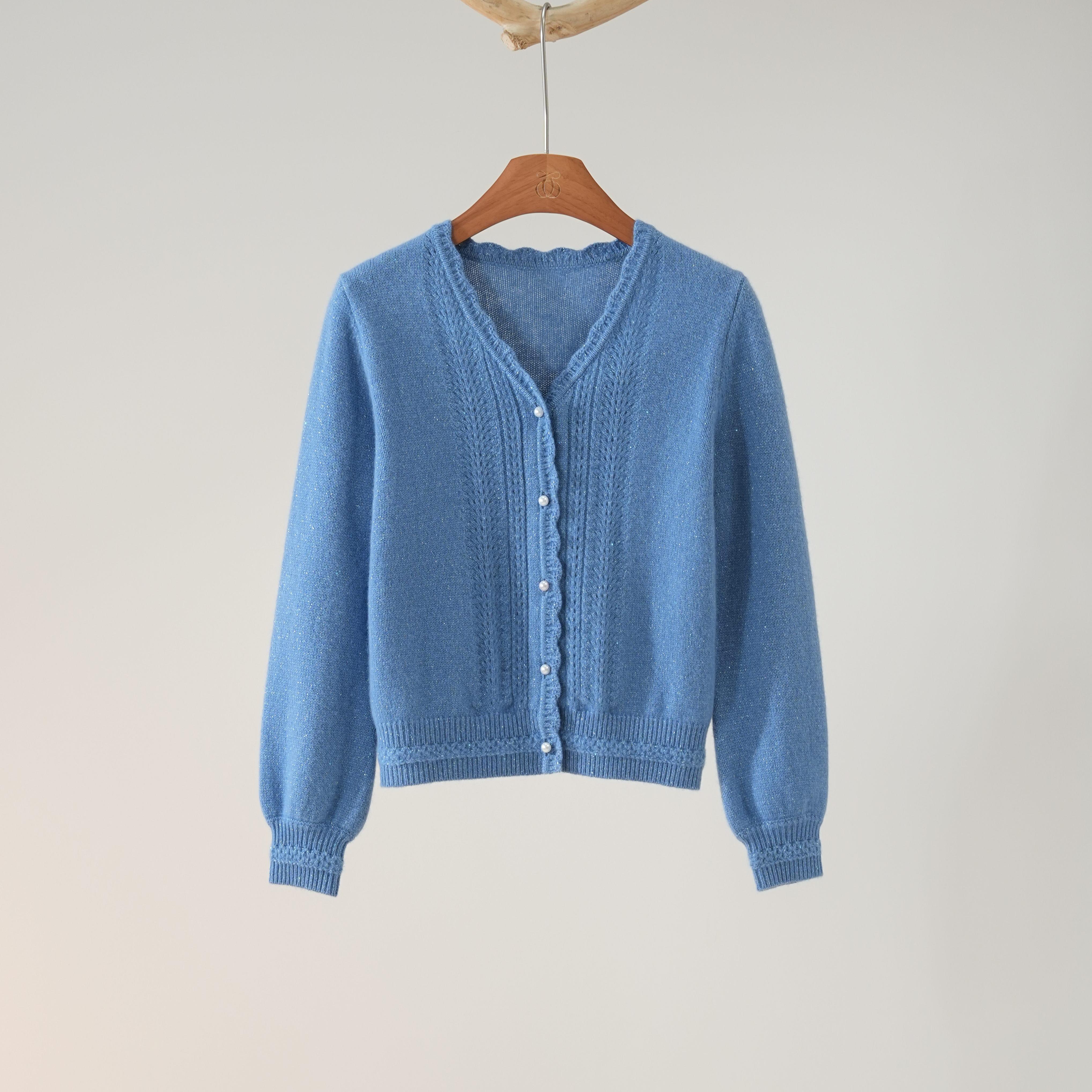 西子/【斯隆女士】100羊毛金葱波浪边镂空钩花针织衫/MSHY019