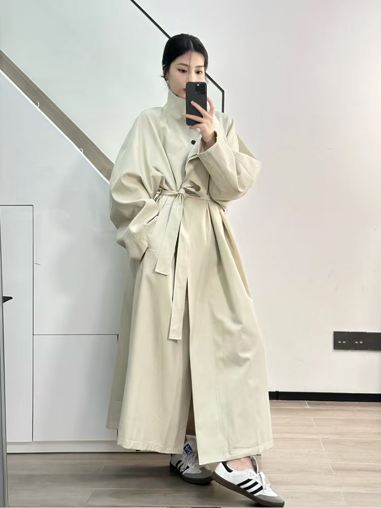 极简风立领秋季落肩袖休闲风风衣显瘦休闲时尚卡其色春秋中长款