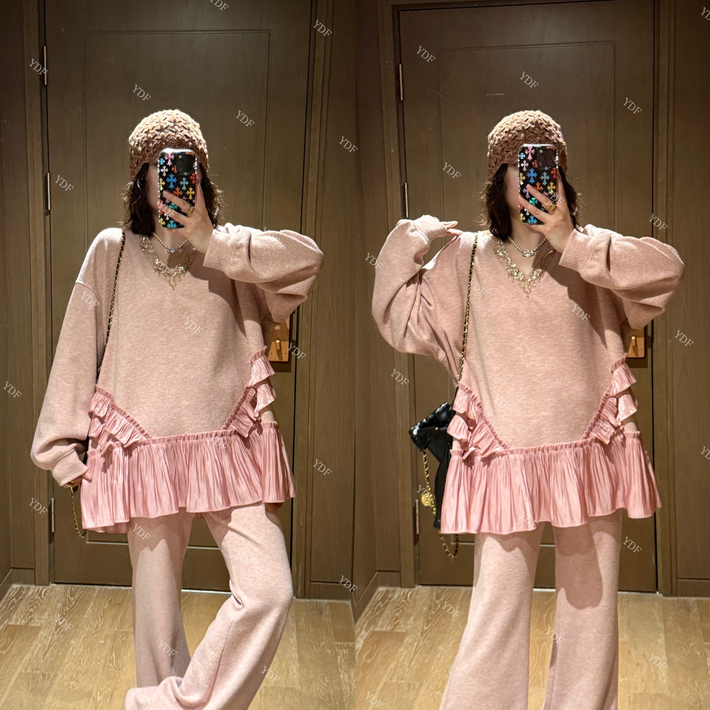YDFSTUDIO小众【淡粉新月】欧货重工撞色拼接设计V领上衣+裤子套装