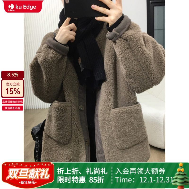 库越秋冬季皮毛一体羊羔毛外套女冬季加厚保暖韩范气质小个子上衣