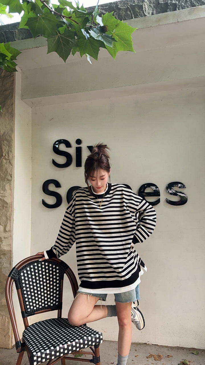 25新款韩版长袖百搭时尚休闲中长款宽松显瘦条纹圆领套头T恤788