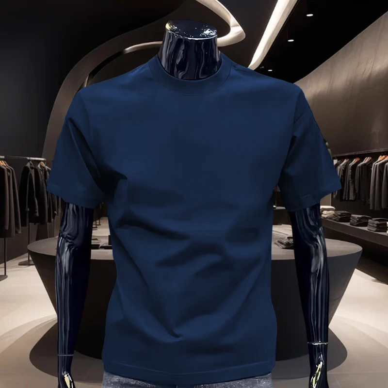 藏青色索罗娜凉感t恤男夏季美式小领口速干短袖重磅硬挺修身半袖
