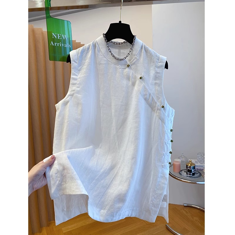 胖妹妹240斤大码新中式国风洋气亚麻无袖衬衫女夏季宽松背心上衣