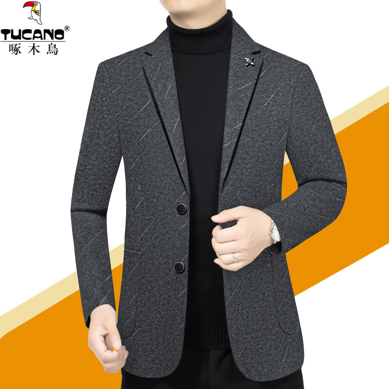 啄木鸟2025春秋新款高档羊毛呢男士西服秋季休闲修身西装外套男
