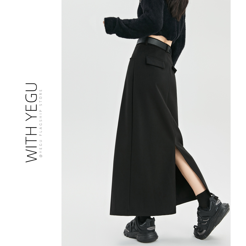黑色毛呢半身裙女2025春秋冬直筒包臀一步裙后开叉西装A字中长裙
