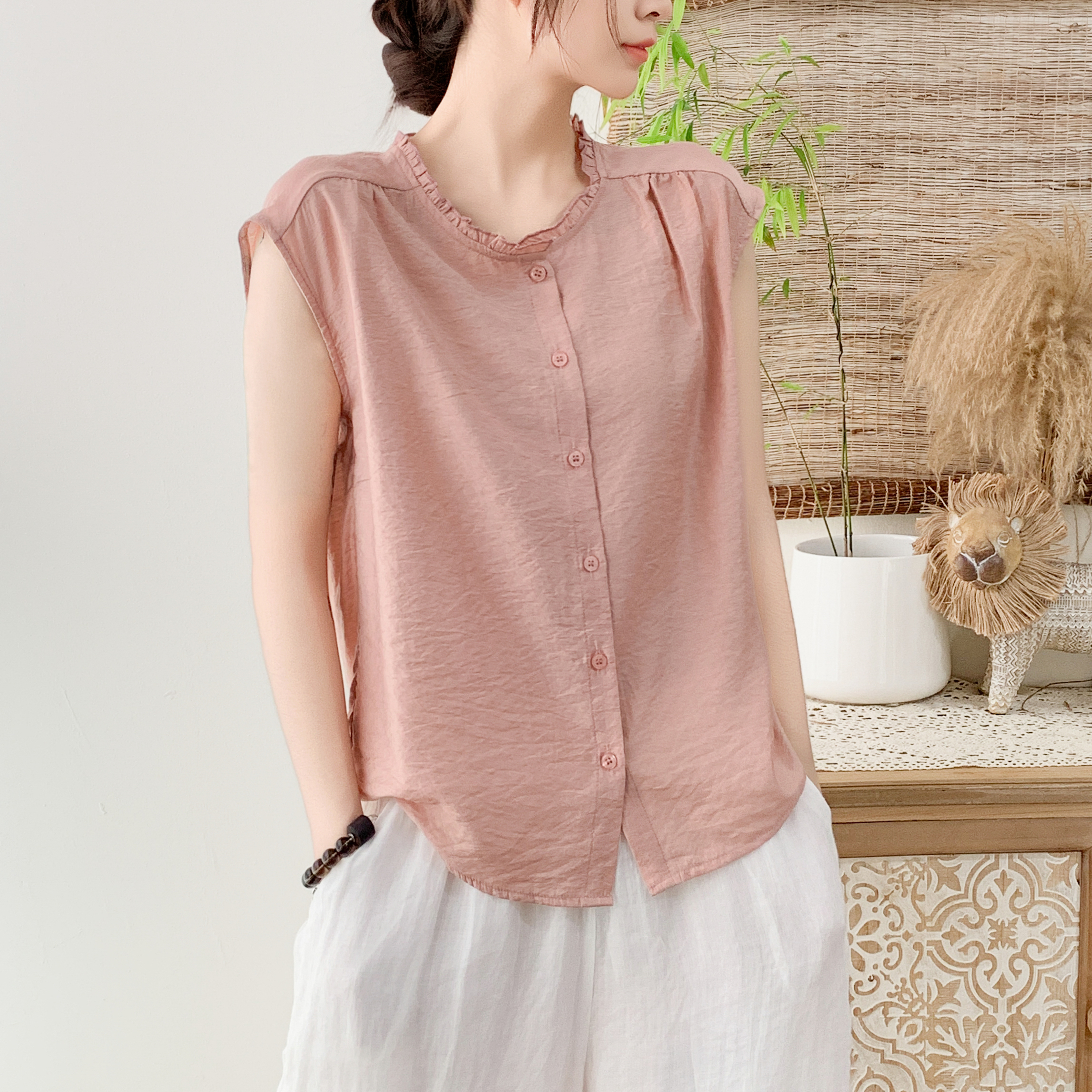 2025新款夏季拼接纯色薄款飞袖木耳衬衫百搭气质百搭老钱风女装