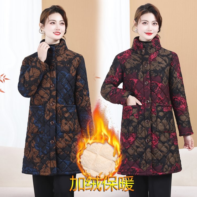 中老年妈妈冬季加绒加厚立领保暖棉袄复古时尚中长款棉衣外套女