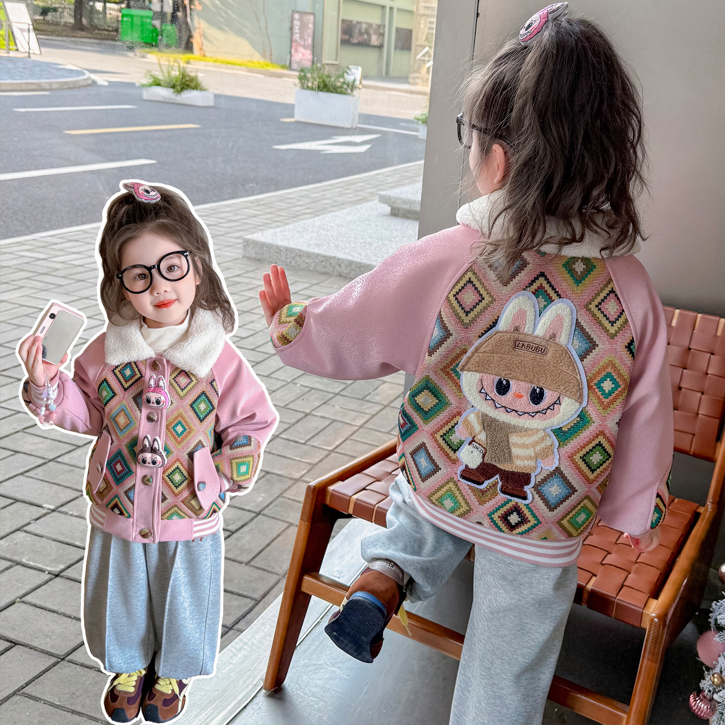 女童翻领夹棉外套秋冬款小女孩洋气加厚上衣时髦女宝宝卡通外套潮