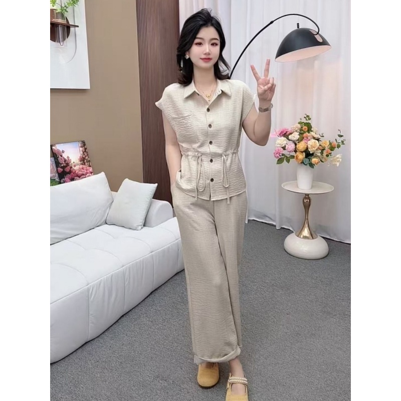 时尚翻领衬衫T恤套装2025夏季新款纯色简约气质显瘦直筒裤两件套