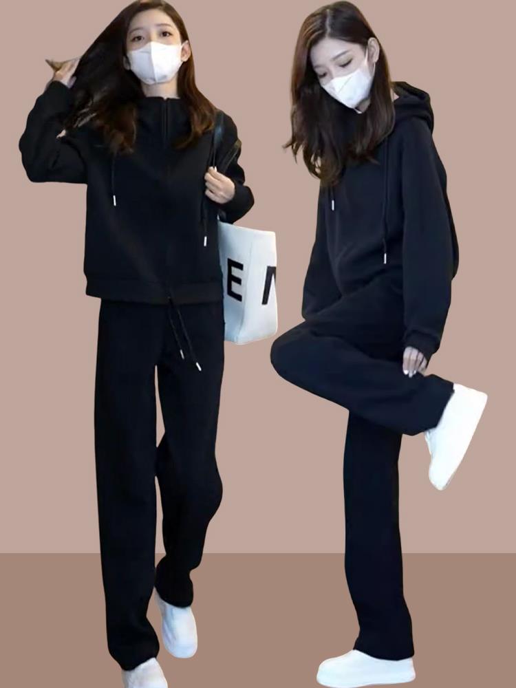 简约休闲黑色运动跑步两件套2025秋季新款女士时尚连帽卫衣阔腿裤