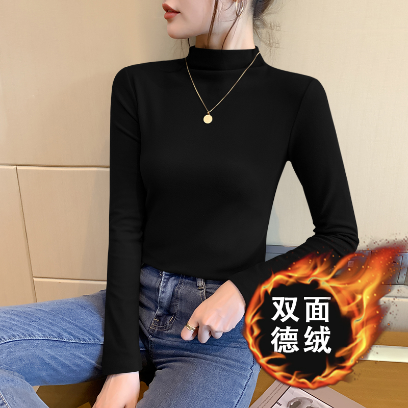 黑色德绒半高领打底衫女秋冬内搭长袖2025加绒加厚紧身上衣TK2255