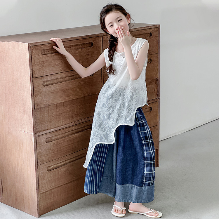 女童夏季韩系度假风叠穿三件套不规则不规则罩衫内搭背心拼色牛仔