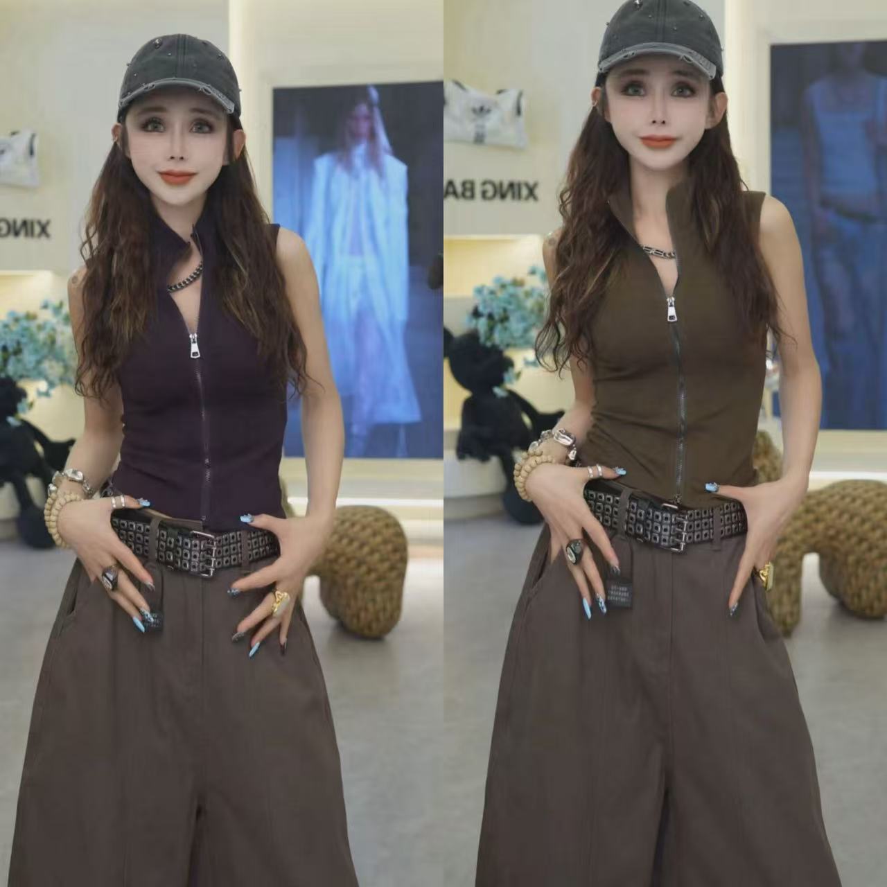 星宝原创酷飒风拉链无袖背心女夏外穿打底收腰显瘦内搭上衣