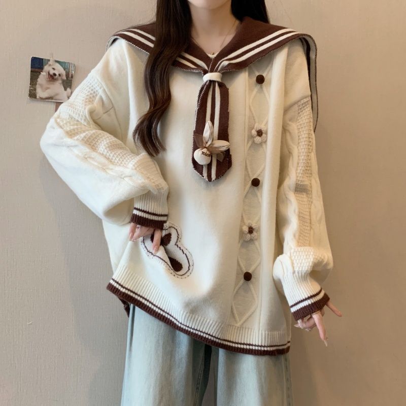 2026美德咖色针织衫毛衣大码女装2025秋冬新款胖mm中长款海军领上