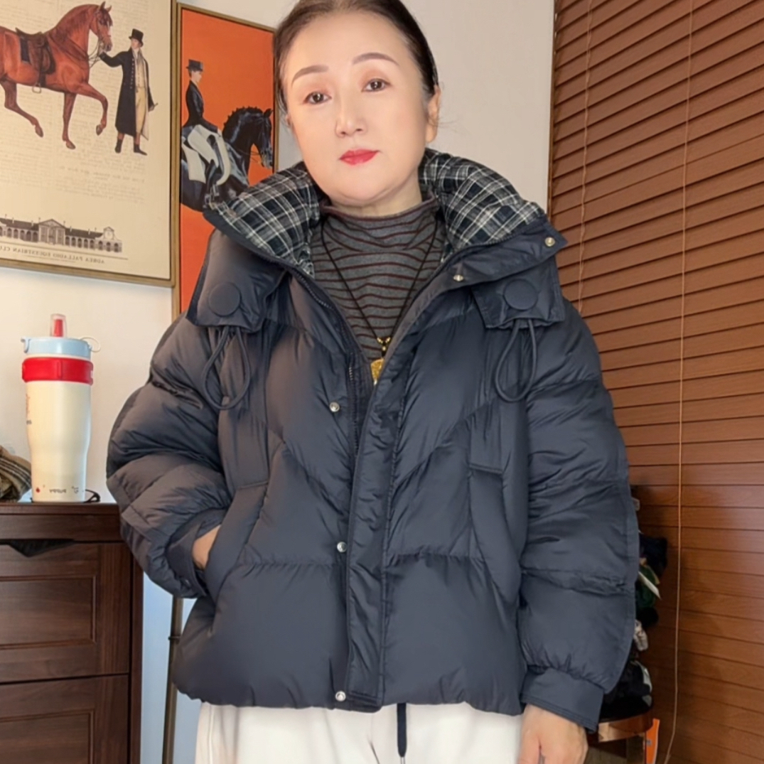 冬季新款时尚简约连帽加厚保暖90绒连帽拼接格子外套