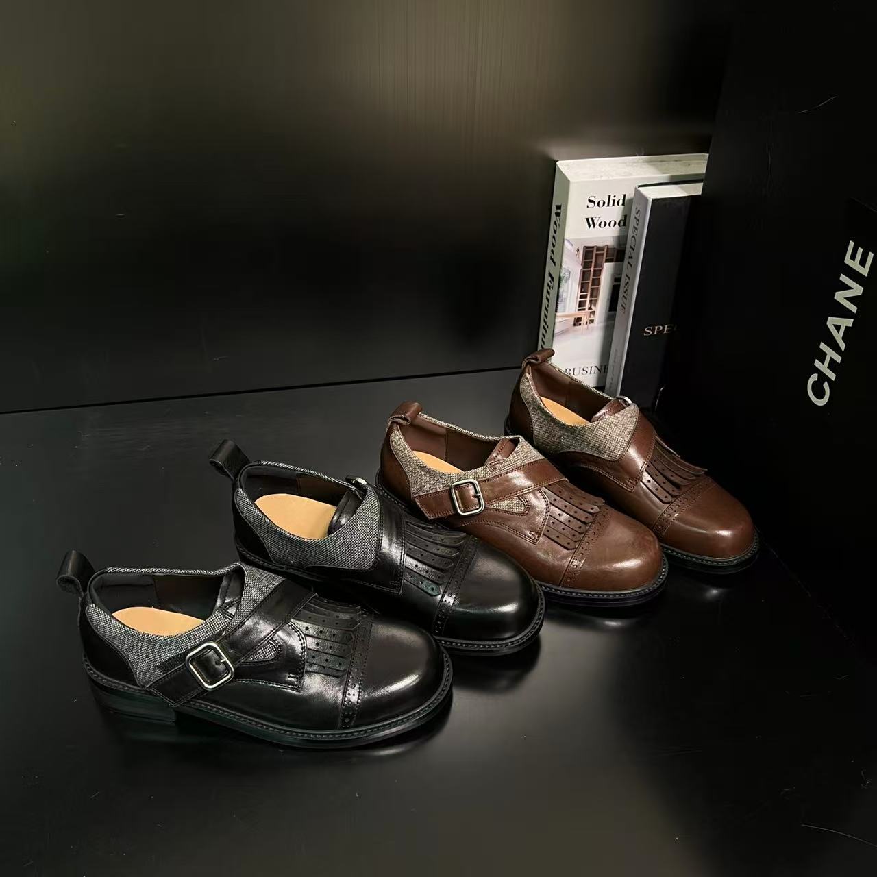 [秋日黄昏]牛皮布洛克·流苏小皮鞋2025年冬季新款复古圆头厚