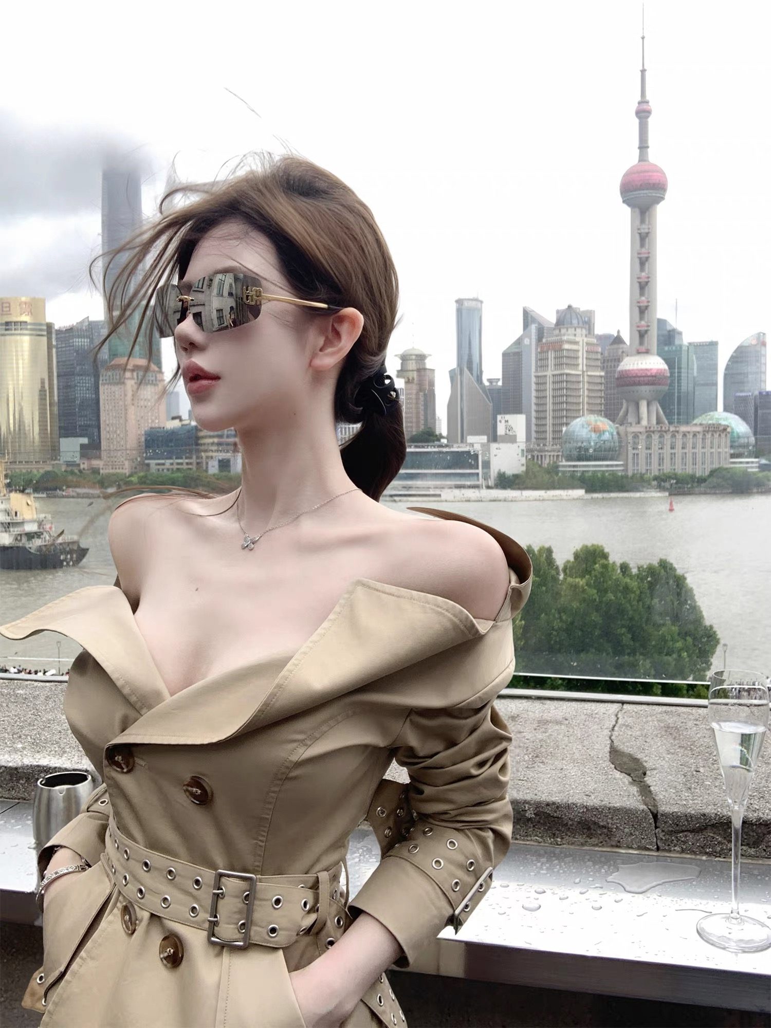 NOV晚妤【经济上行】复古大翻领收腰双排扣小个子短款风衣外套女