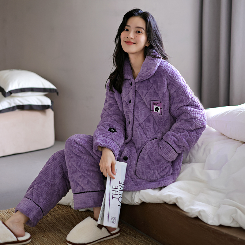 猫人经典秋冬季新款睡衣女珊瑚绒三层夹棉款加厚法兰绒家居服保暖