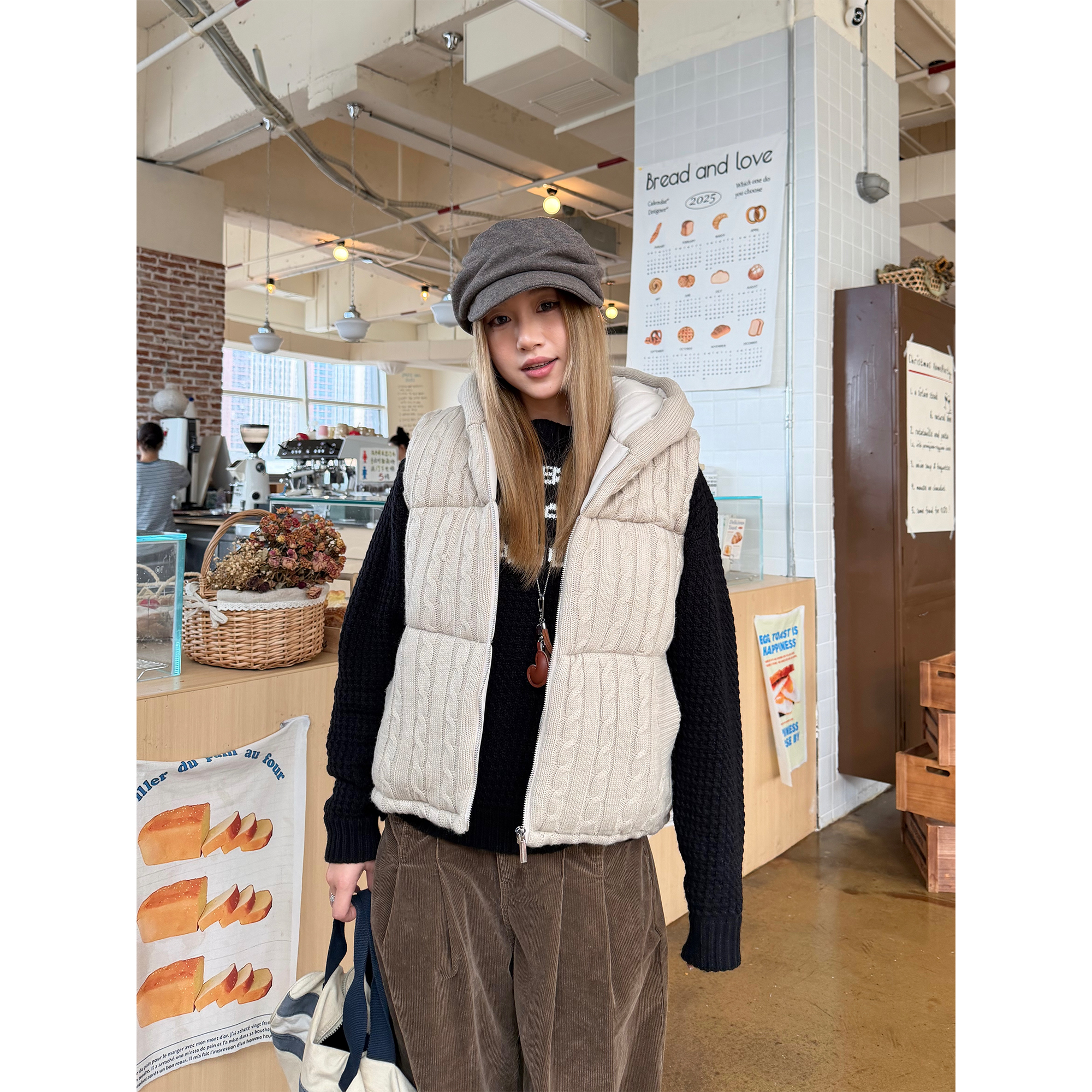 川川也家美式复古麻花针织连帽马甲棉服加厚保暖设计感外套秋冬