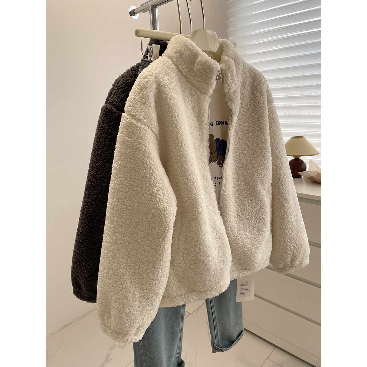 大码女装胖mm240斤立领仿羊羔毛外套女秋冬加厚休闲拉链夹克开衫