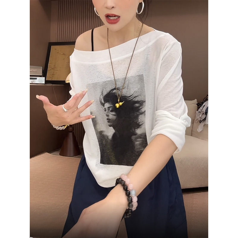【斜肩艺术】小个子巨好看上衣夏季2025新款美式显瘦防晒长袖T恤衫