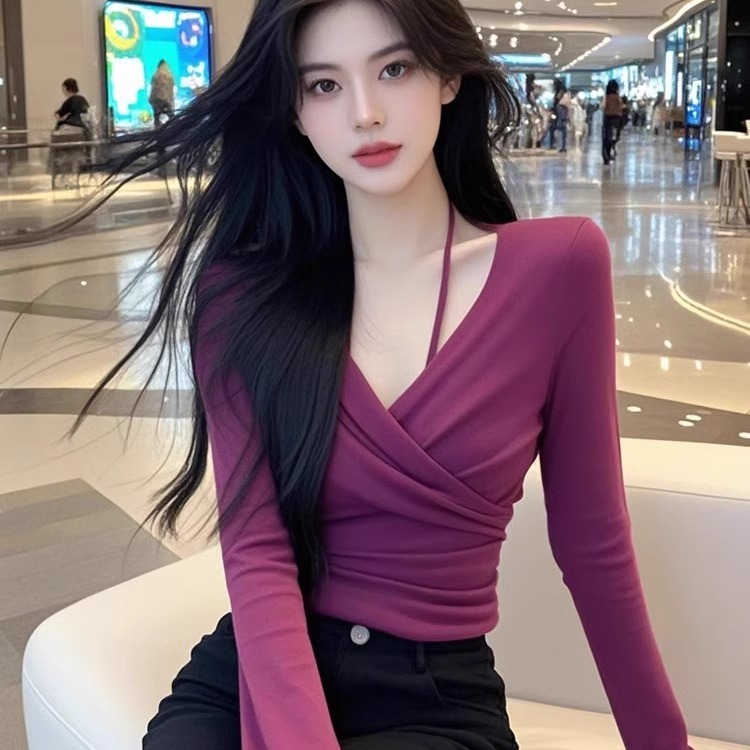 春季新款性感纯欲风褶皱V领长袖内搭打底衫女时尚修身百搭T恤上衣