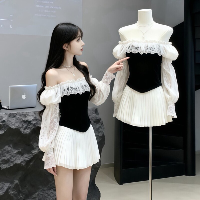 蕾丝一字肩拼接长袖连衣裙女秋冬新款设计感修身撞色高腰百褶短裙