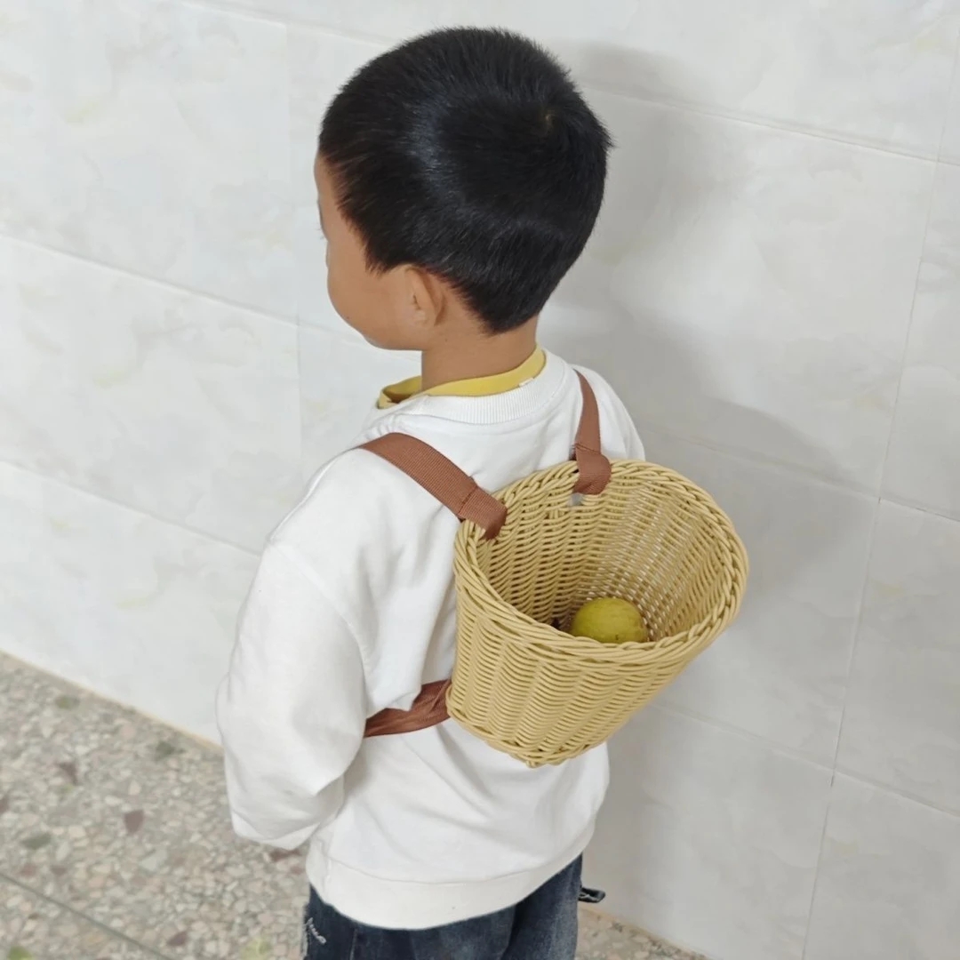 MS66米白色手工藤编织儿童背娄零食收纳筐可承重十斤