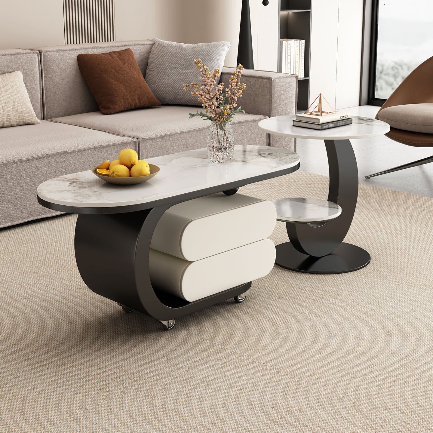 可移动茶几客厅家用法式轻奢高级感设计师极简椭圆形简约推车边几