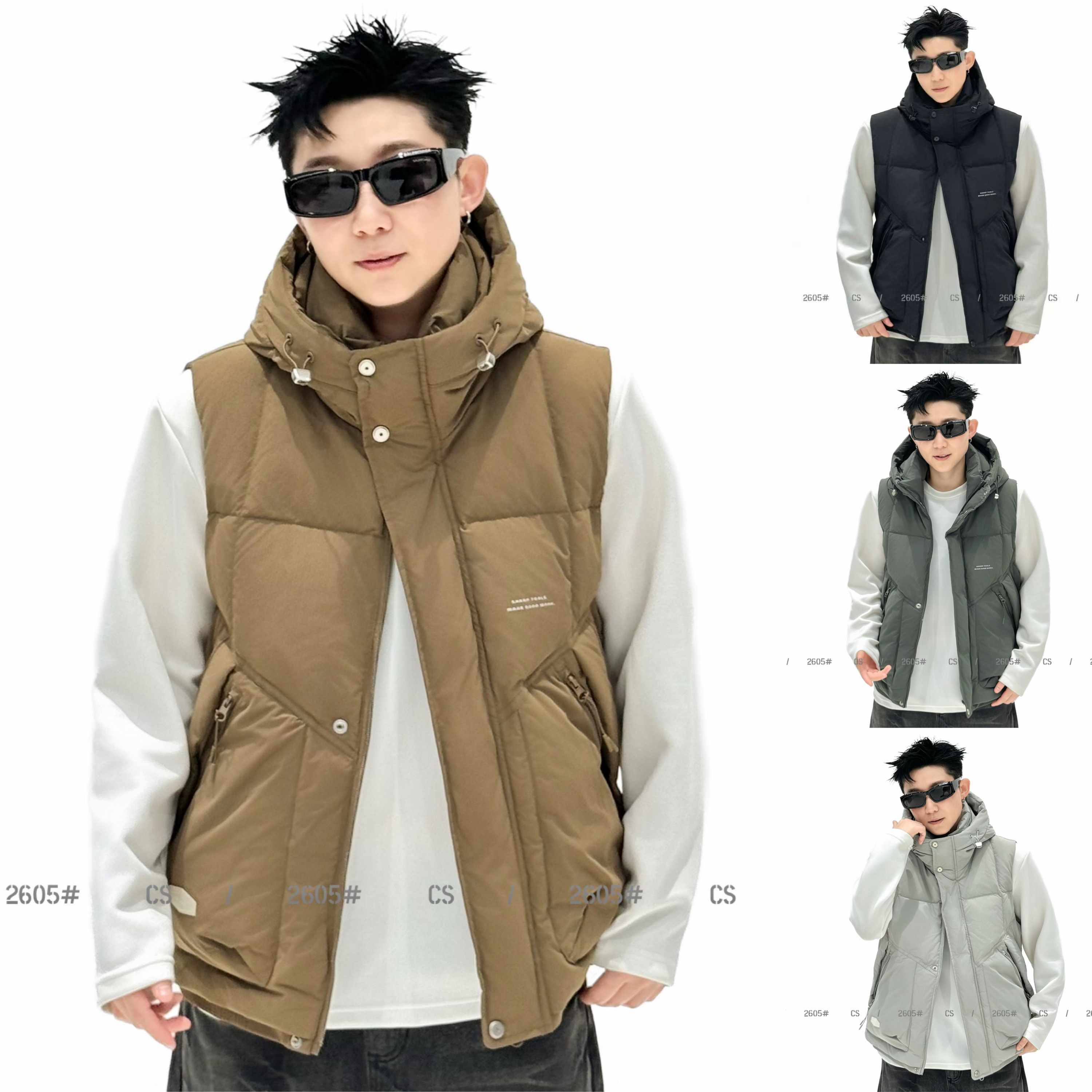 秋冬新款男士连帽羽绒马甲时尚纯色休闲工装男保暖上衣潮男机能风