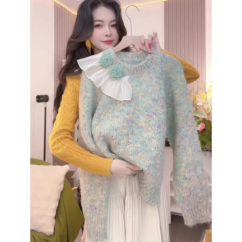温柔风花色立体花朵圆领长袖针织衫女2025秋冬季新款慵懒软糯毛衣