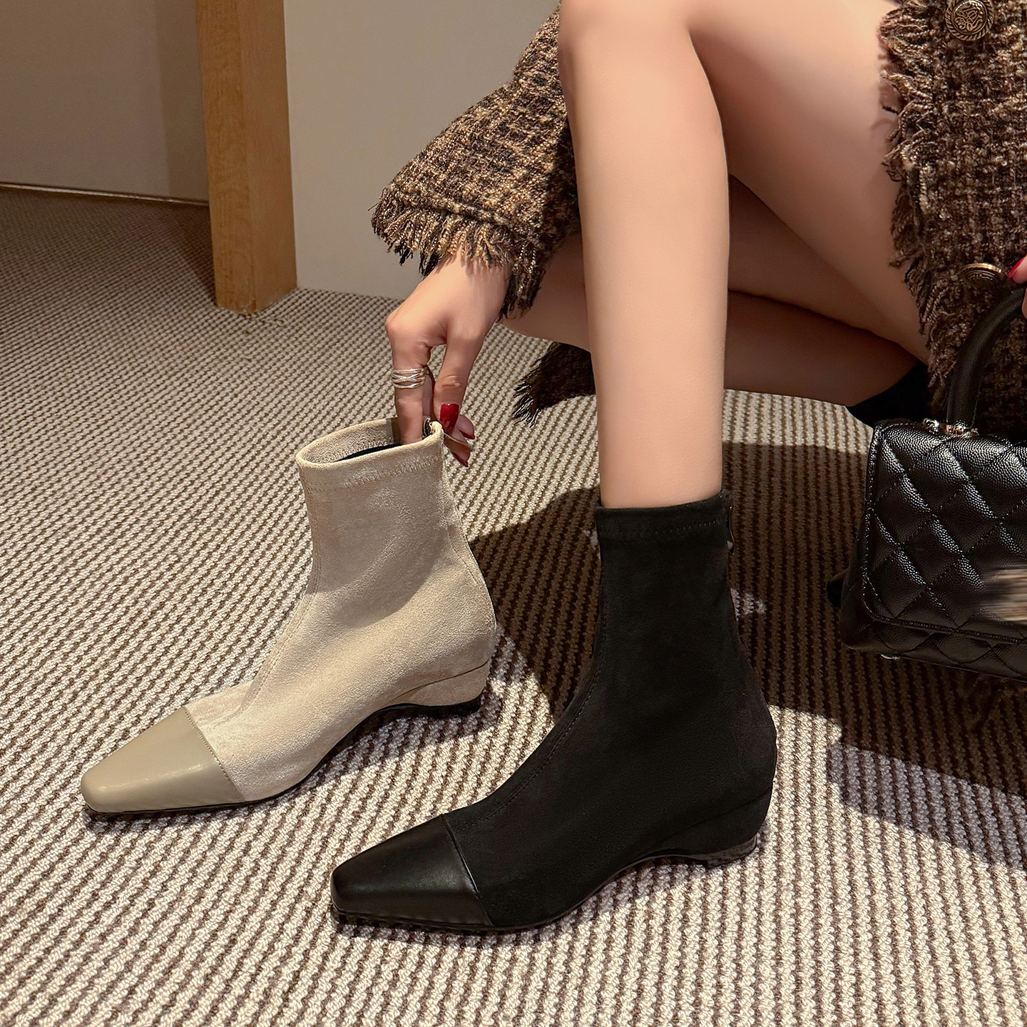 拼接弹力瘦瘦靴女2025新款法式气质方头粗跟小香风踝靴短靴单靴子