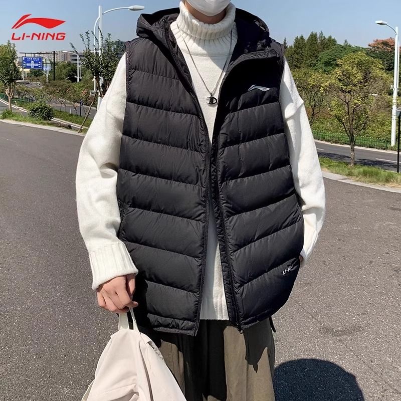 李宁羽绒马甲男士秋冬季新款保暖背心青少年连帽运动加厚外套