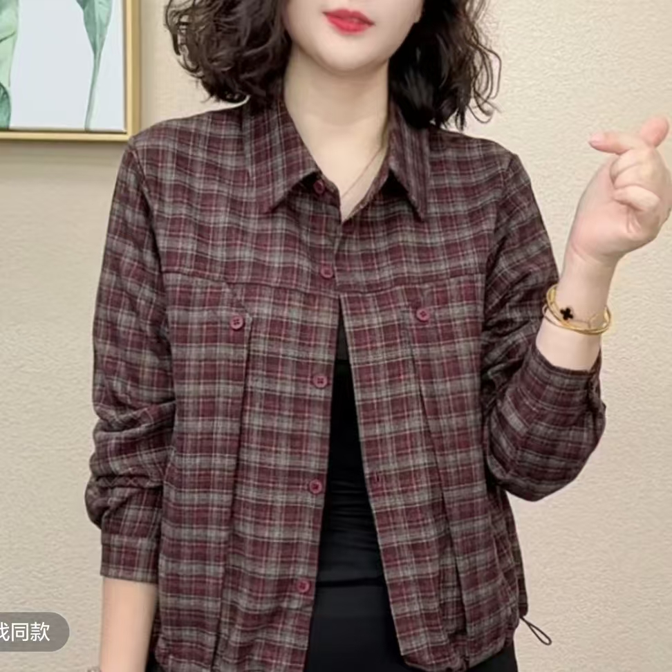 2025秋季新款气质时尚格子翻领长袖洋气显瘦百搭女士衬衫#41567