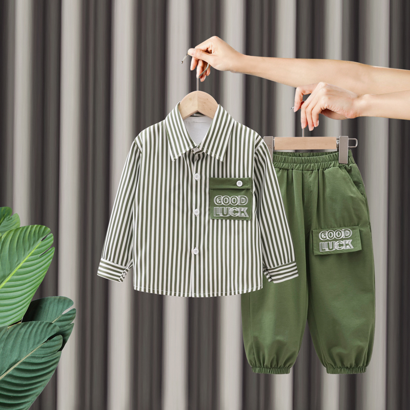 男童春装套装2025新款帅气儿童春秋季条纹衬衫春款宝宝韩版两件套