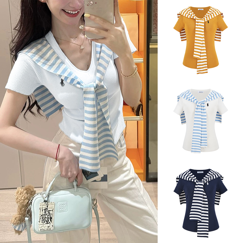 Moses Queen/魔西女王V领刺绣条纹披肩短袖T恤女修身显瘦针织上衣