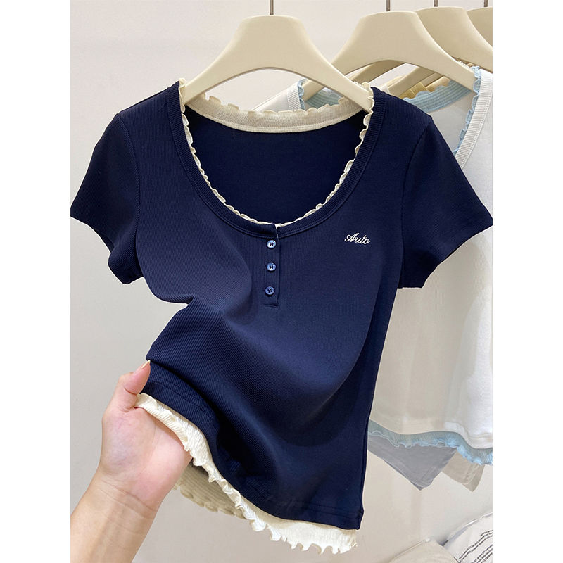 假两件刺绣短袖t恤女2025新款爆款正肩短款修身显瘦绝美小上衣ins