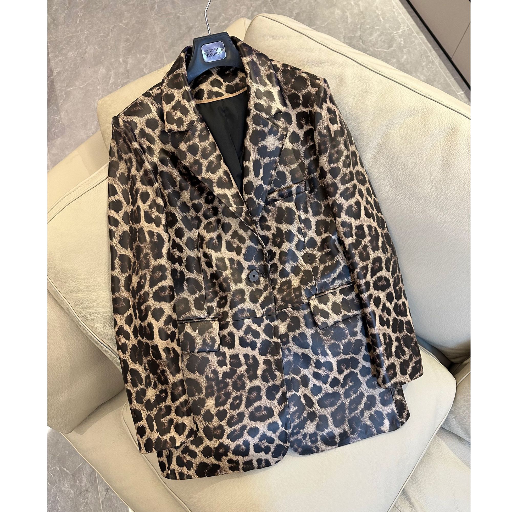 宽松阔版小羊皮西装真皮皮衣外套中长款春季新款黑色休闲韩版女装