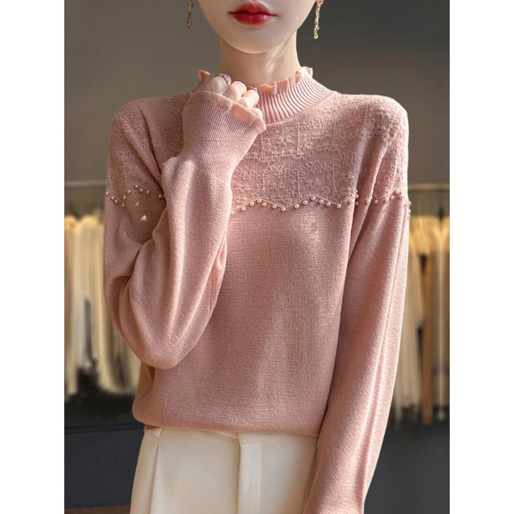 胖mm秋冬大码半高领毛衣女2025新款内搭可外穿蕾丝针织打底羊毛衫