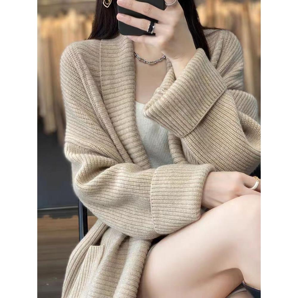 2025高级洋气报损韩版外套加厚中长款绞花羊绒开衫宽松慵懒针织衫