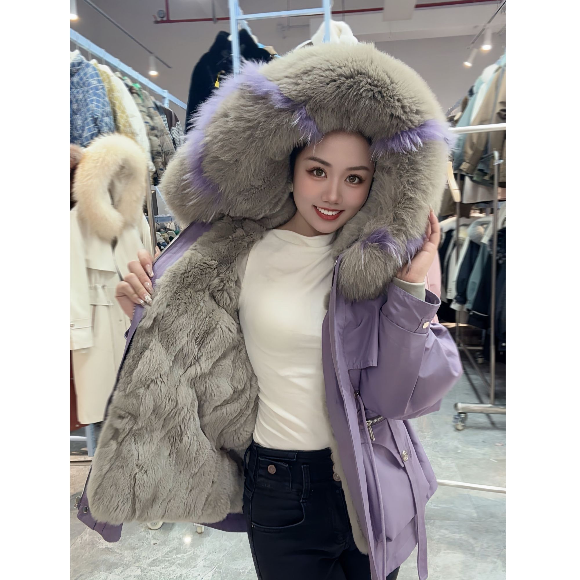 【廿都】海宁皮草高端獭兔毛内胆女冬新款一衣多穿洋气派克服s2533