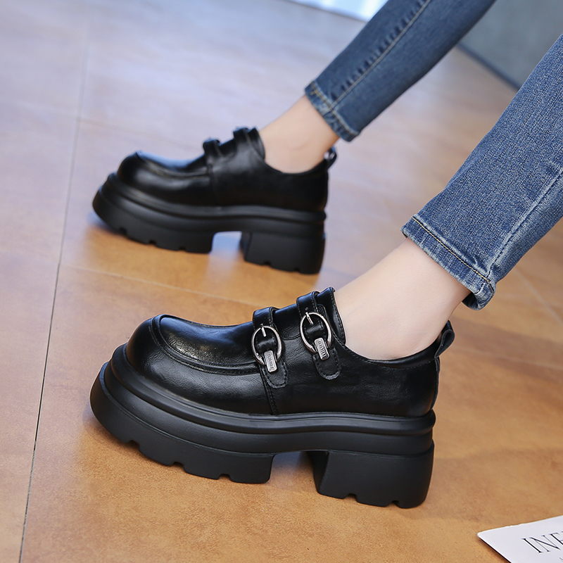 真皮厚底小皮鞋2025秋季新款英伦时尚百搭圆头乐福鞋搭扣单鞋女鞋