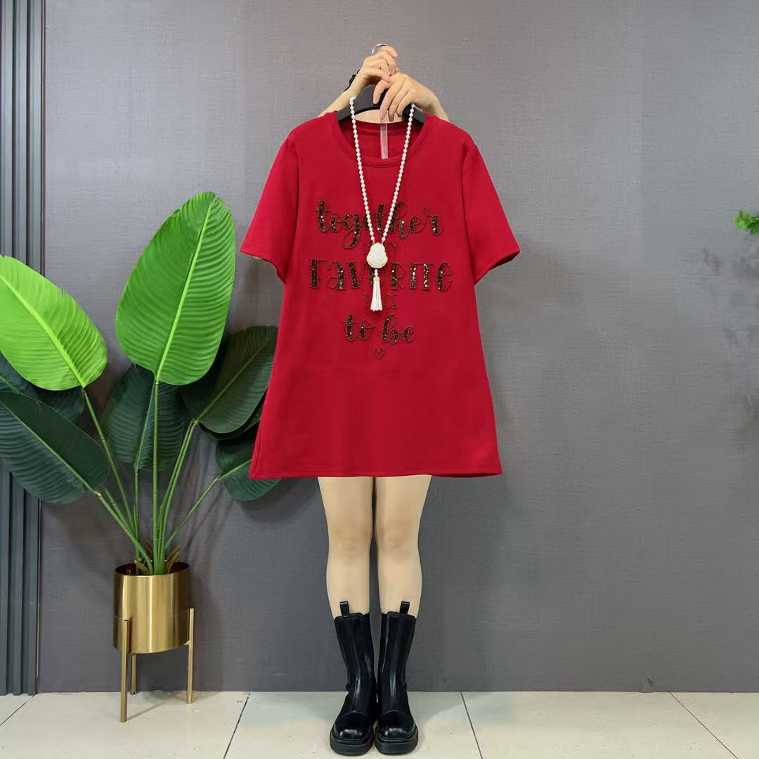 欧货时尚洋气百搭字母亮片半袖体恤新款秋冬上衣大码女装遮肉显瘦