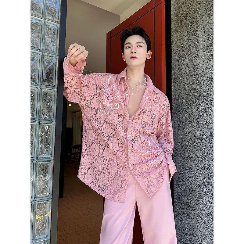 走秀款法式镂空蕾丝微透粉色衬衫男长袖韩版刺绣立体玫瑰花衬衣潮