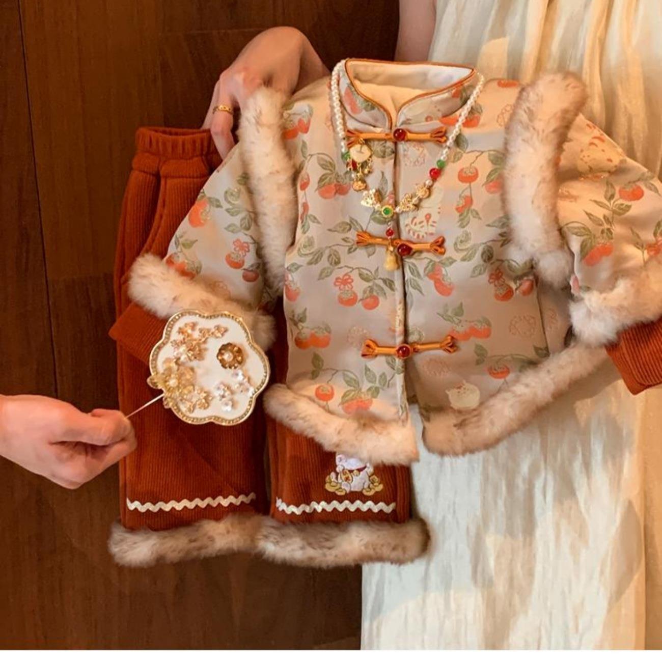 女童国风套装冬装新款周岁中小童宝宝拜年服两件套加绒加厚新年服