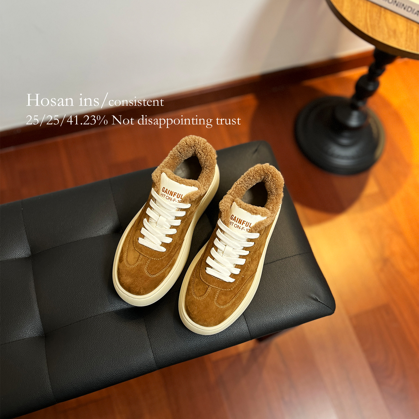 HOSAN新款冬季色系加绒厚底板鞋女增高保暖低帮板鞋百搭休闲板鞋