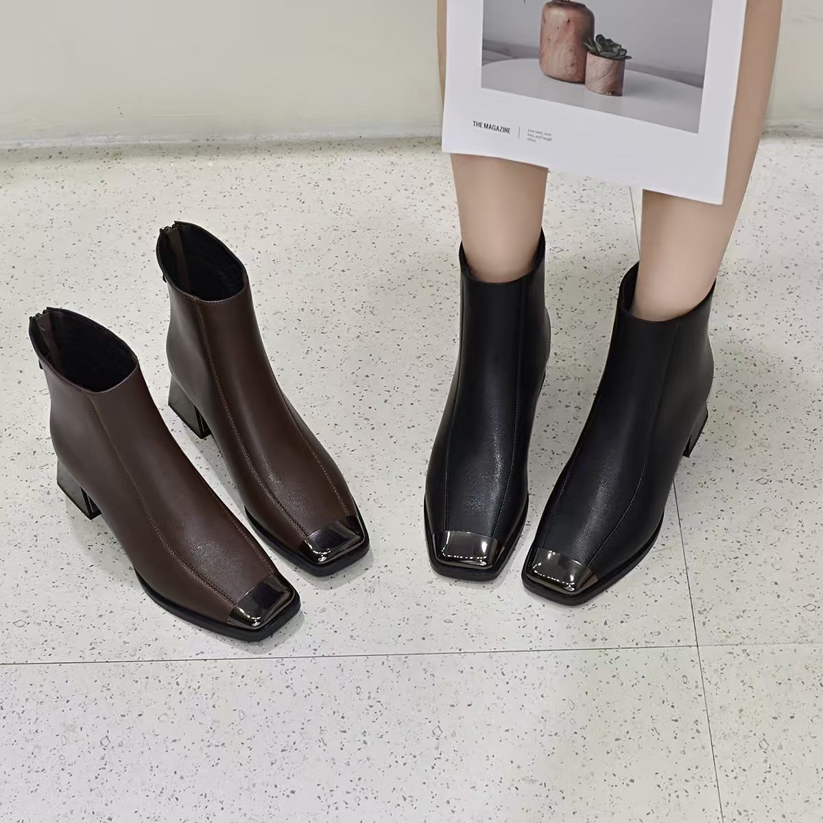 【绒里】方头粗跟短靴加绒2025新款爆款4公分6公分真牛皮马丁靴单靴