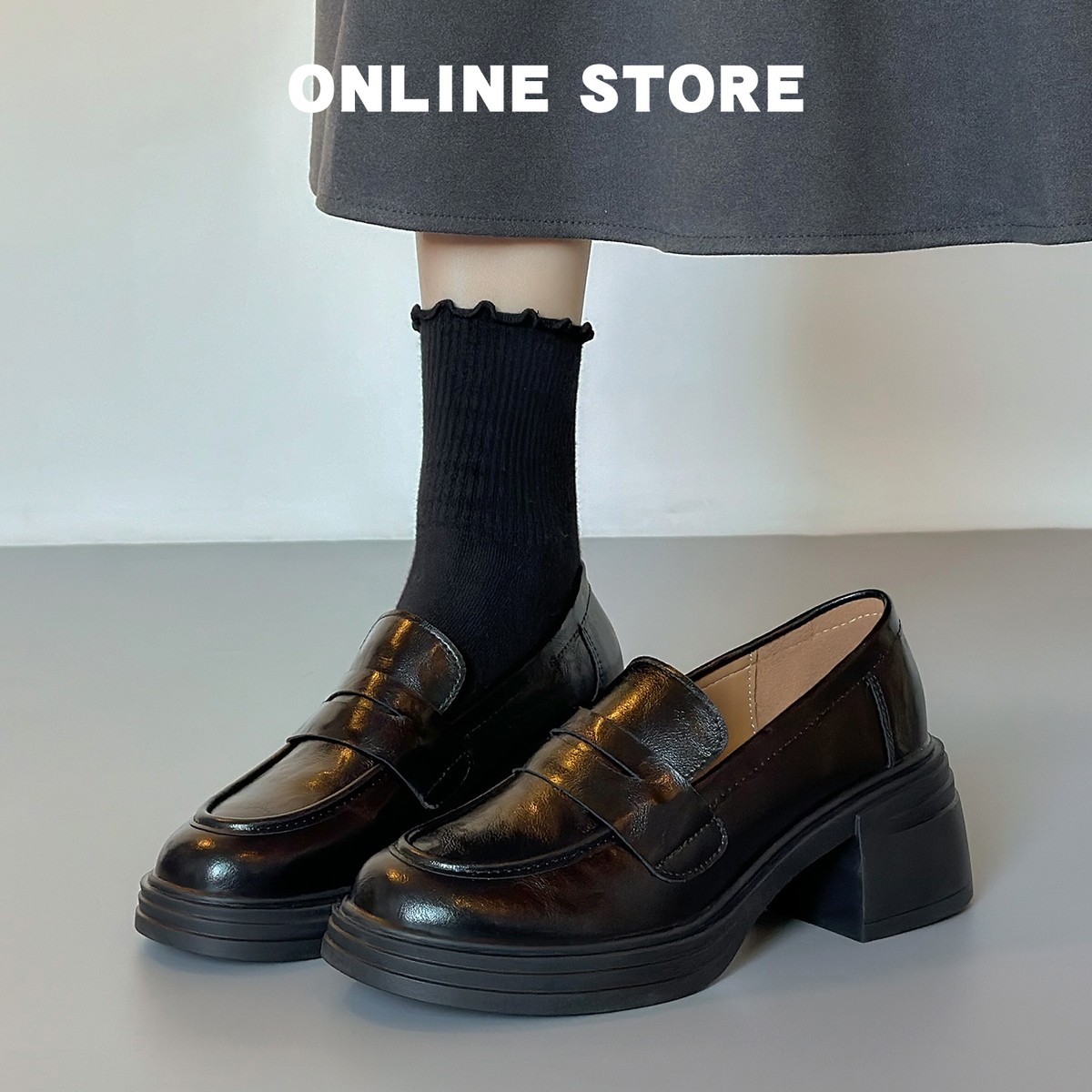 全真皮~2025新款黑色单鞋JK粗高跟厚底小皮鞋女英伦风加绒乐福鞋