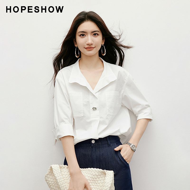 红袖2025秋季新款女装白色衬衫贝母扣中袖衬衣短上衣90225280302