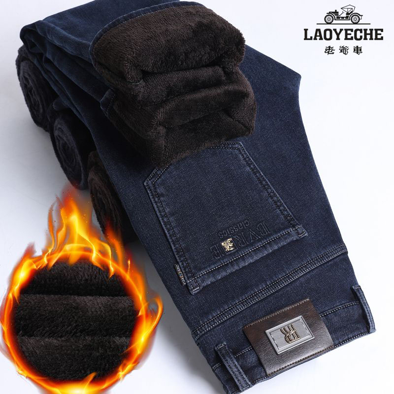 老爷车冬季加绒男士牛仔裤男直筒宽松弹力中年商务休闲高腰长裤子